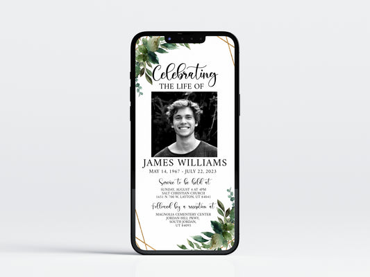 Celebration of life Watercolor Greenery Gold Digital Funeral Invitation Template, Greenery Funeral Announcement, Greenery Memorial Evite, Electronic Greenery Funeral Invite Q1
