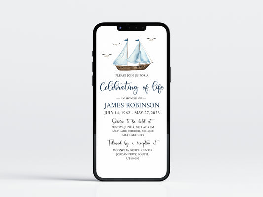 Celebration of life Watercolor Nautical Sailboat Digital Funeral Invitation Template, Nautical Funeral Announcement, Sailboat Electronic Funeral Invite Template