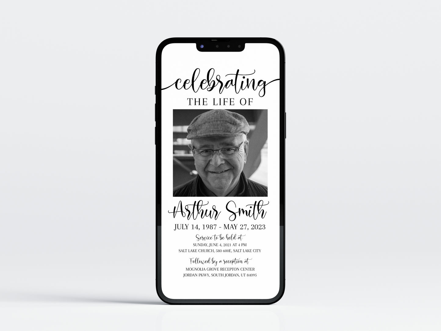 Celebration of life Simple Elegant Digital Funeral Invitation Template S2