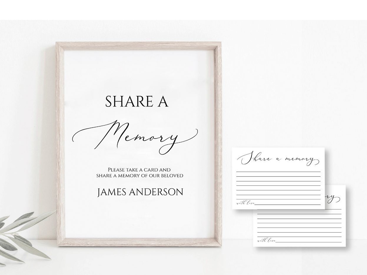 Share a Memory Funeral Sign and Share a Memory Card, Greenery Funeral Memory Card, Editable Funeral share a memory template, Funeral Announcement S1