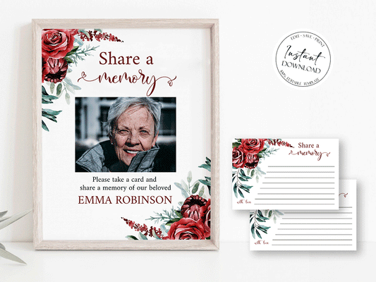 Burgundy Red Roses Share a Memory Funeral Sign Share a Memory Card Template R2