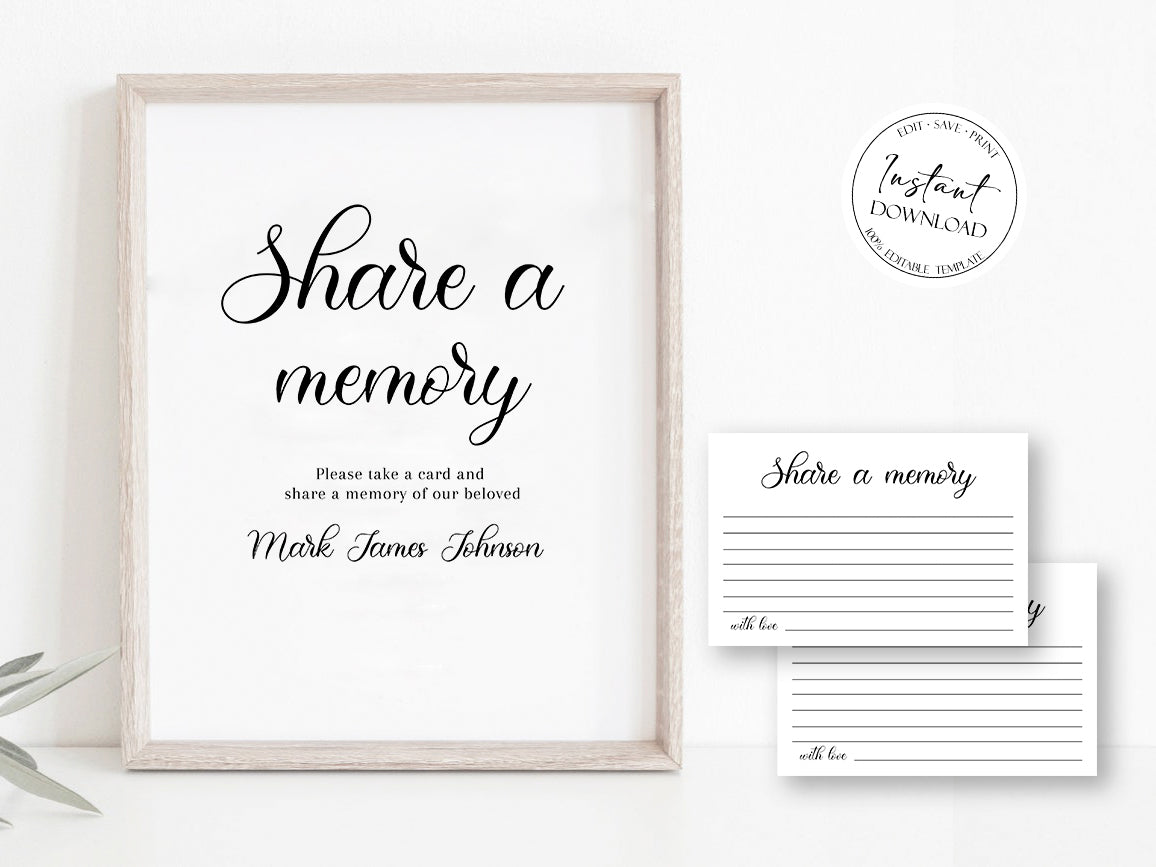 Simple Elegant Share a Memory Funeral Sign and Share a Memory Card Template S3