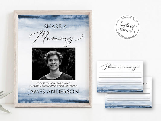 Blue Watercolor Share a Memory Funeral Sign Share a Memory Card, Funeral Memory Card, Editable Baby Boy Funeral Share a Memory Template B4