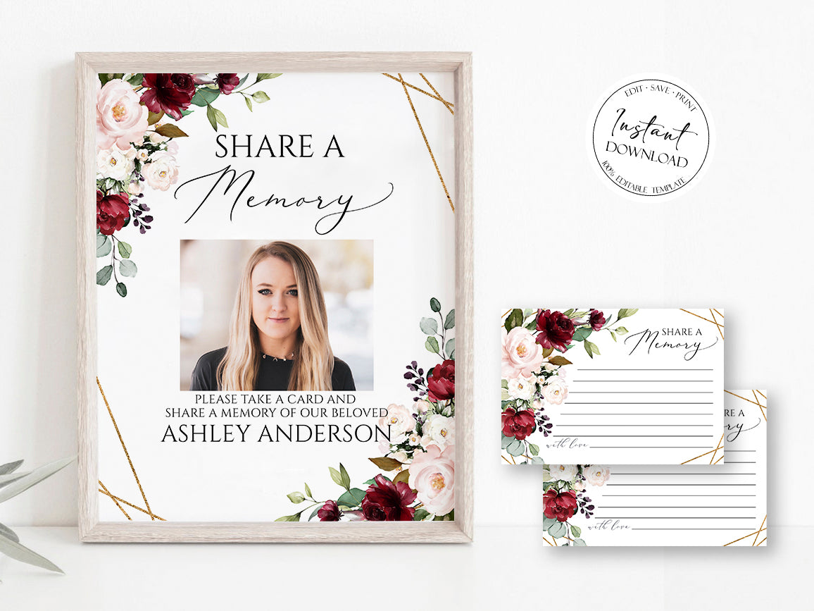 Red Roses Share a Memory Funeral Sign Share a Memory Card, Roses Funeral Memory Card, Editable Red Roses Funeral Share a Memory Template R1