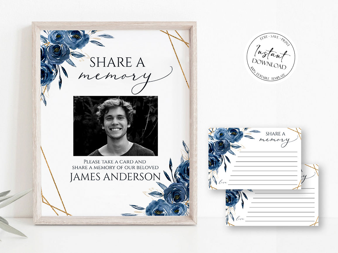 Celebration Of Life Royal Blue Flowers Gold Share a Memory Funeral Sign and Share a Memory Card Template , Blue Share a Memory Cards, Funeral Memory Card, Editable Blue Floral Funeral share a memory, B2