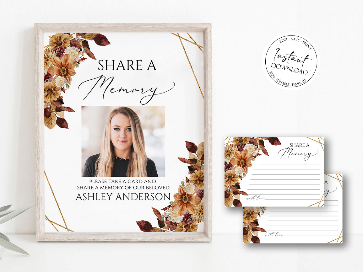 Orange Brown Dried Leaves Fall Share a Memory Funeral Sign Share a Memory Card Template, Fall Funeral Memory Card, Editable Autumn Funeral share a memory template