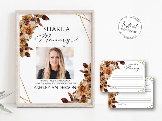 Orange Brown Dried Leaves Fall Share a Memory Funeral Sign Share a Memory Card Template, Fall Funeral Memory Card, Editable Autumn Funeral share a memory template