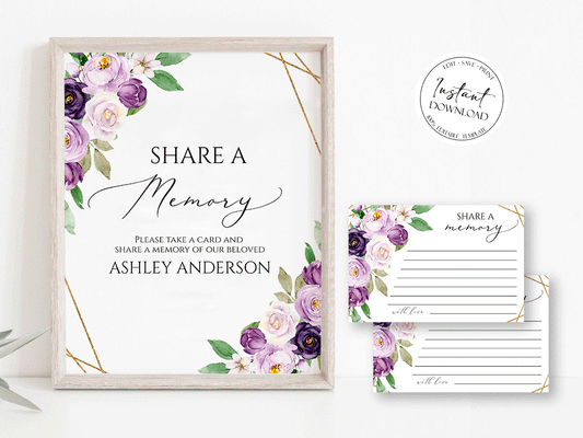 Share a Memory Funeral Sign, Share a Memory Card, Purple Funeral Memory Card, Editable Funeral share a memory template, Funeral Template P1