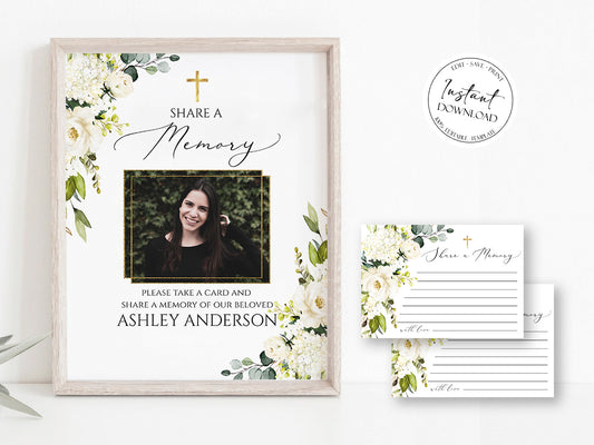 White Greenery Floral Gold Cross Share a Memory Funeral Sign and Share a Memory Card Template, Editable Gold Cross Funeral share a memory, Instant Download