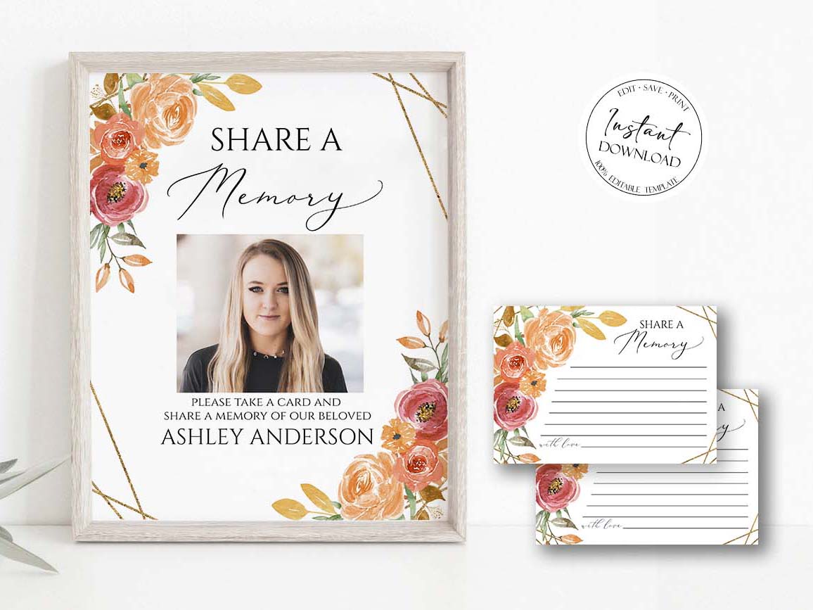 Orange Floral Gold Fall Share a Memory Funeral Sign and Share a Memory Card Template, Fall Funeral Memory Card,  Autumn Funeral share a memory Fall Funeral 