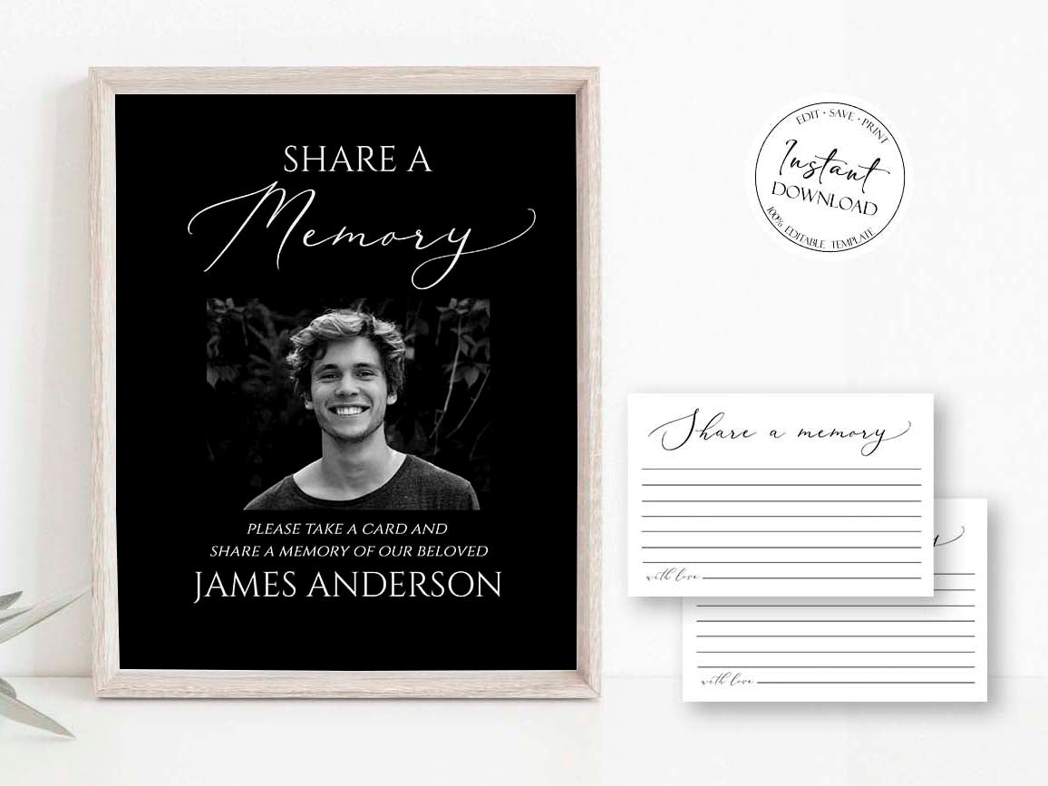 Minimalist Elegant Black Share a Memory Funeral Sign and Share a Memory Card Template, Black Funeral Memory Cards Editable Black Funeral Share a Memory B7