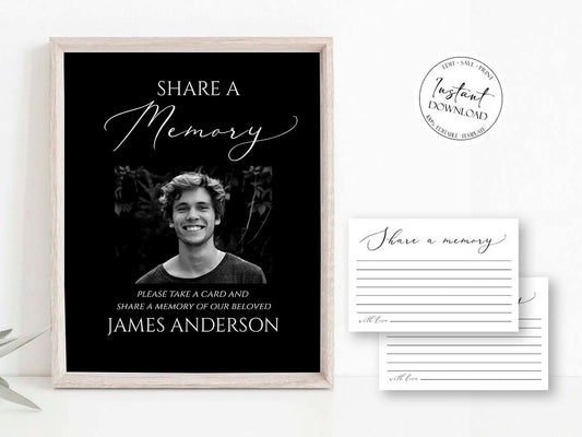 Minimalist Elegant Black Share a Memory Funeral Sign and Share a Memory Card Template, Black Funeral Memory Cards Editable Black Funeral Share a Memory B7