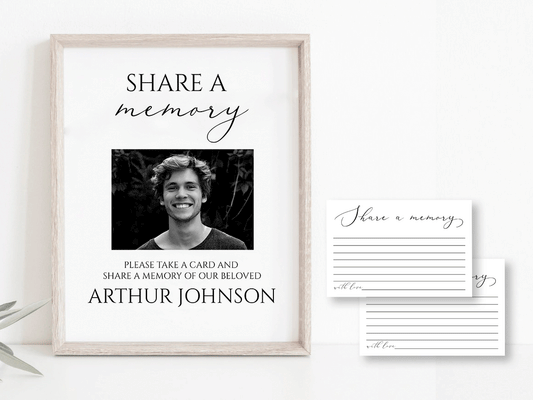 Share a Memory Funeral Sign and Share a Memory Card, Greenery Funeral Memory Card, Editable Funeral share a memory template, Funeral Announcement S1