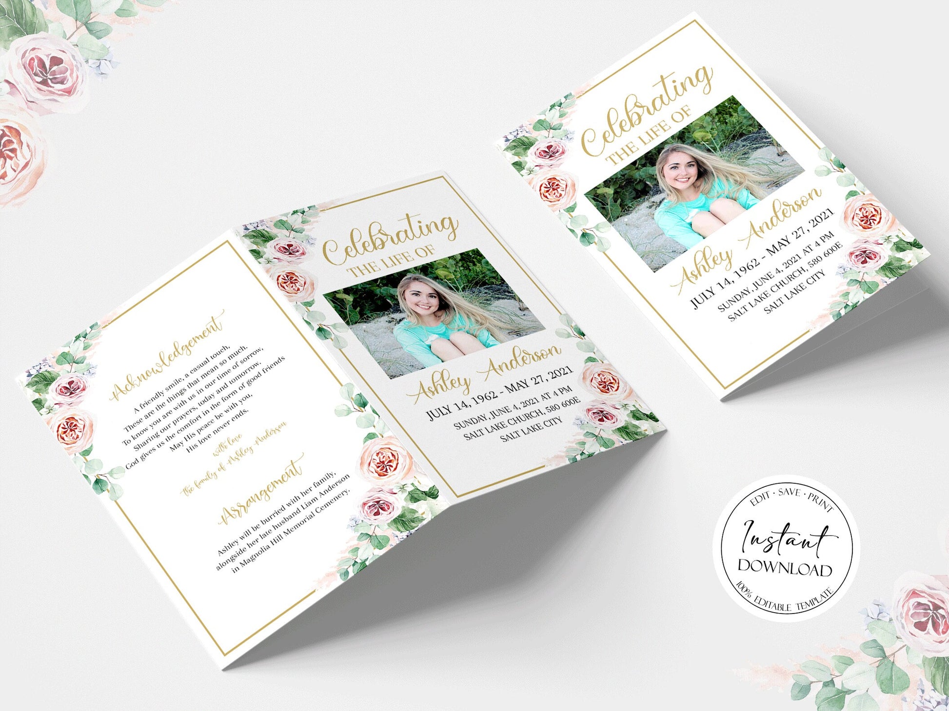 Celebration of life Funeral Program, Blush Pink Roses Greenery Funeral Program Template, Memorial Program, Obituary Program, Funeral Mass Program F1