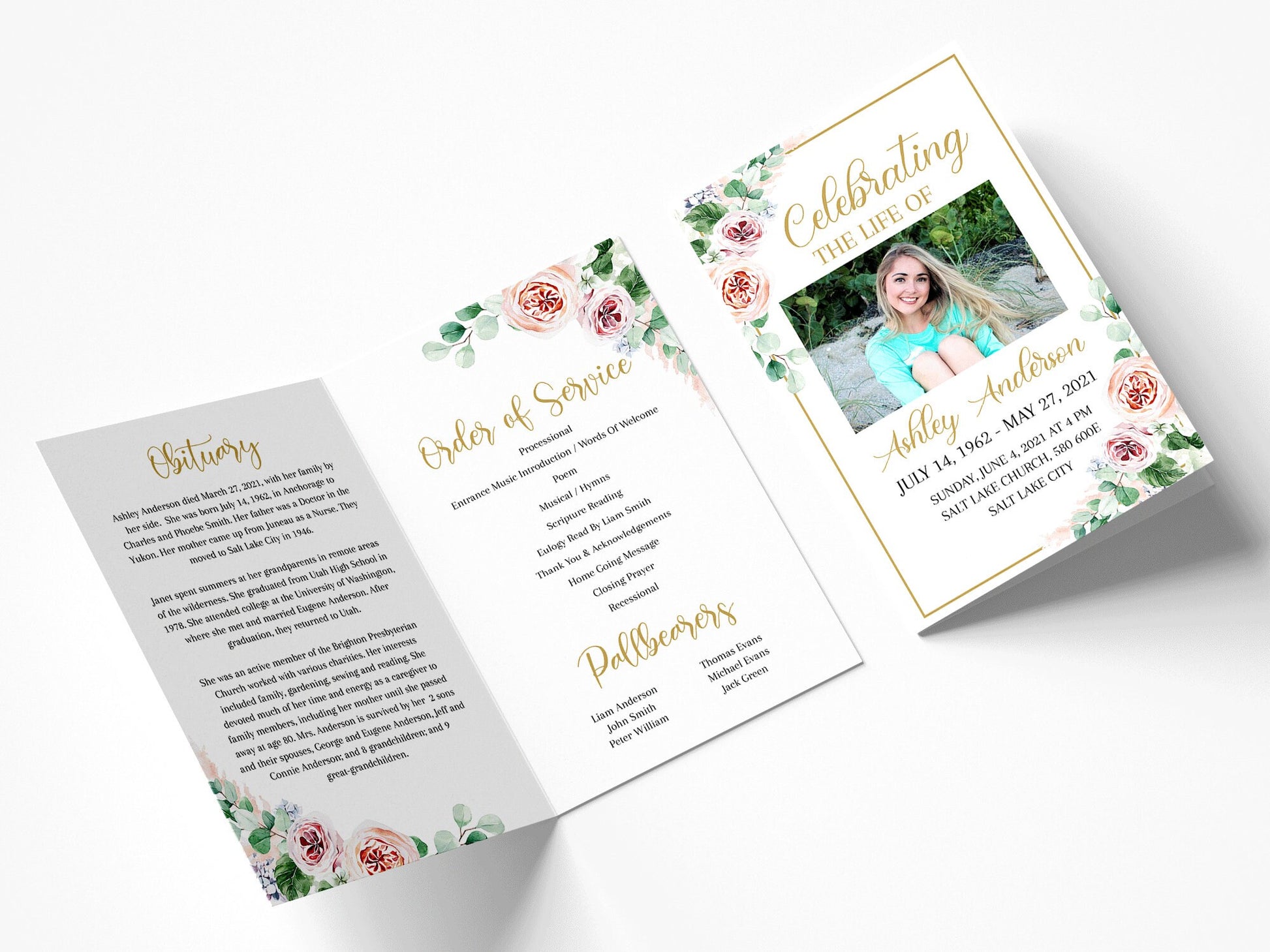 Celebration of life Funeral Program, Blush Pink Roses Greenery Funeral Program Template, Memorial Program, Obituary Program, Funeral Mass Program F1