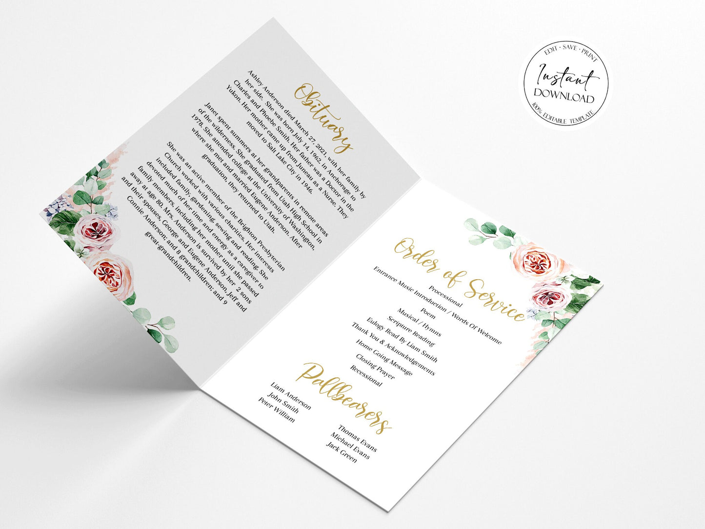 Celebration of life Funeral Program, Blush Pink Roses Greenery Funeral Program Template, Memorial Program, Obituary Program, Funeral Mass Program F1