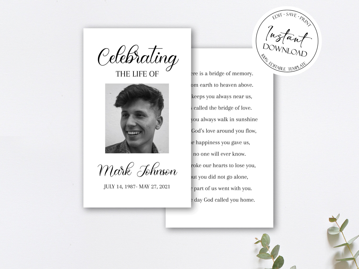 Celebration of life Simple Elegant Funeral Prayer Card Template Printable Memorial Prayer Card Template, Funeral Prayer Card, Catholic Mass Card, Obituary Card S3