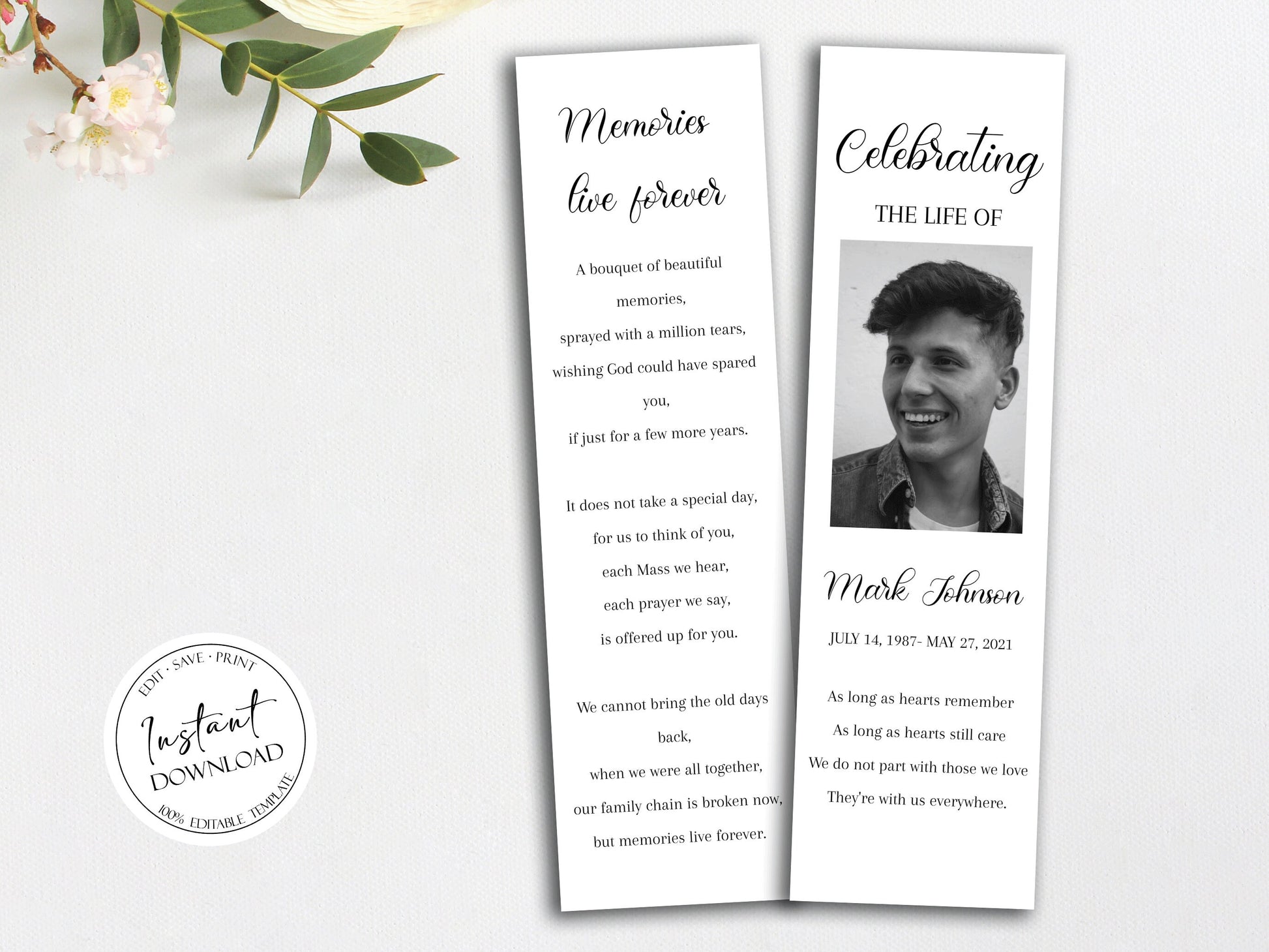 Simple Funeral Bookmark Template, Celebration of Life Bookmark, Funeral Keepsake Cards, Memorial Bookmark Obituary Bookmark Keepsake Card S3