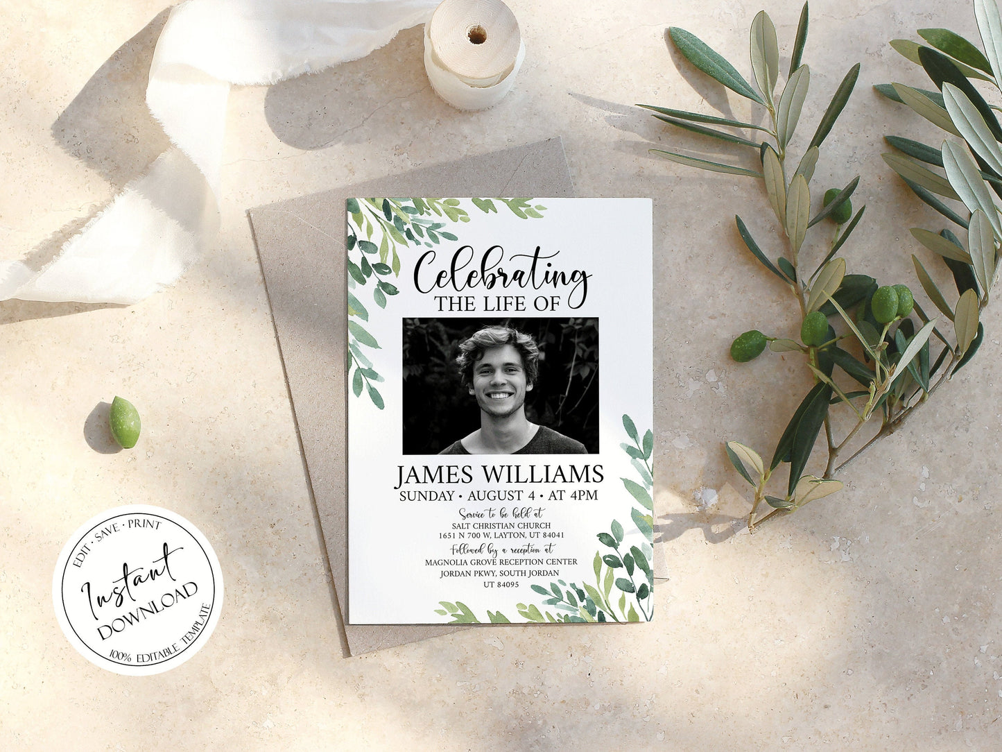 Celebration of life Watercolor Greenery Funeral Invitation Template, Funeral Announcement, Funeral Cards Template, Printable Greenery Memorial Invitation G2