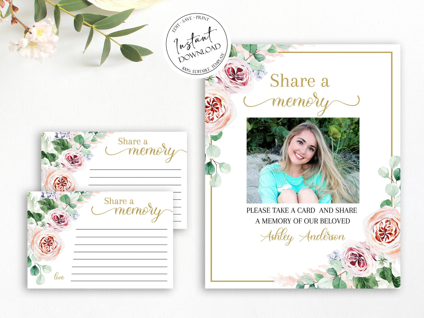 Blush Pink Roses Greenery  Share a Memory Funeral Sign Share a Memory Card Template F1