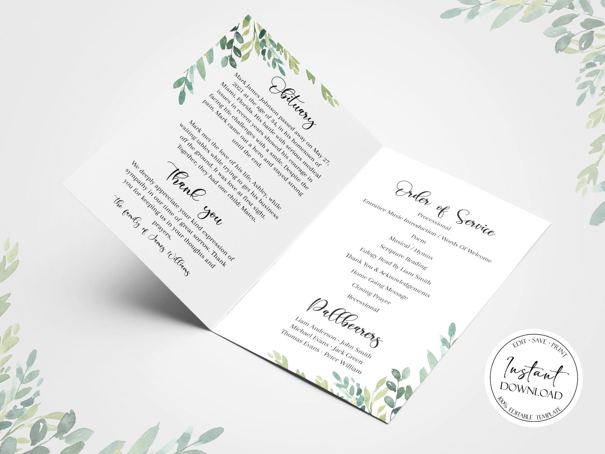 Celebration of life Watercolor Greenery Funeral Program Template, Greenery Funeral Brochure, Editable Green Funeral Program Greenery Memorial Program Obituary Program G2