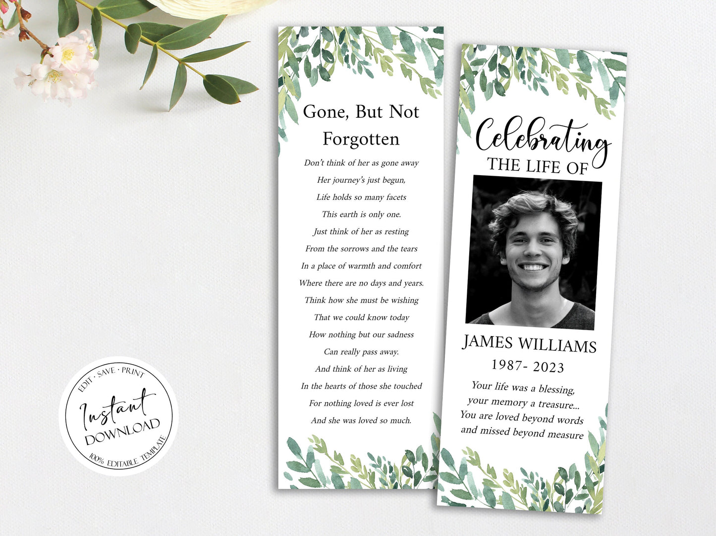 Celebration of life Watercolor Greenery Funeral Bookmark Template, Celebration of Life Bookmark, Funeral Keepsake Cards, Greenery Memorial Bookmark, Obituary Bookmark G2