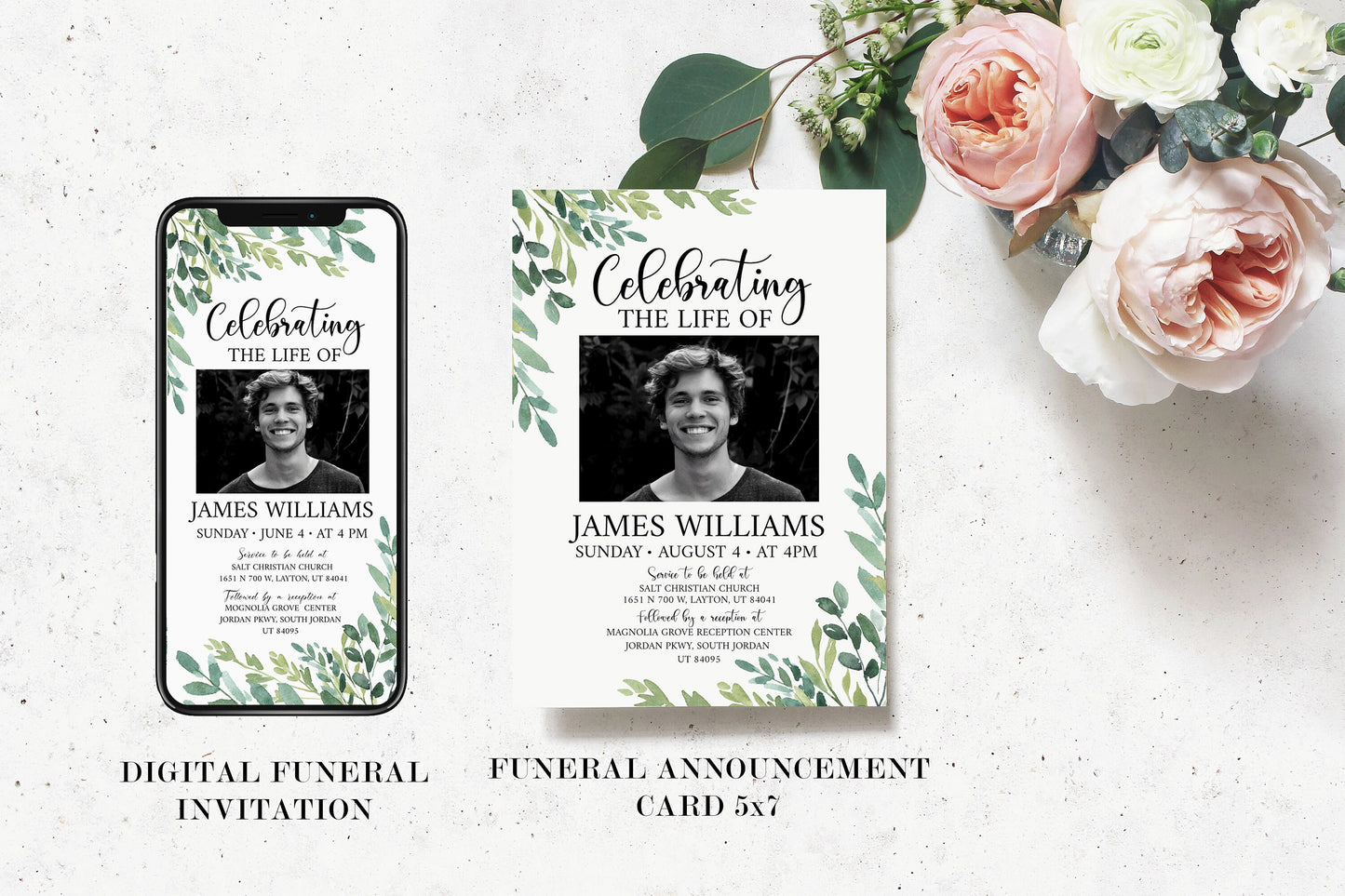 Celebration of Life Watercolor Greenery Funeral Bundle, Memorial Package, Celebration of Life Templates, In Loving Memory Suite Greenery Funeral Bundle Greenery Funeral G2