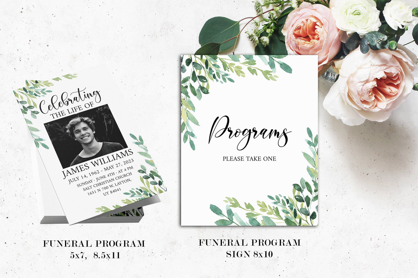 Celebration of Life Watercolor Greenery Funeral Bundle, Memorial Package, Celebration of Life Templates, In Loving Memory Suite Greenery Funeral Bundle Greenery Funeral G2