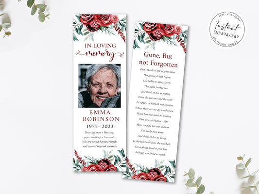 Red Roses Funeral Bookmark Template, Celebration of Life Bookmark, Funeral Keepsake Cards, Burgundy Memorial Bookmark, Obituary Bookmark R2