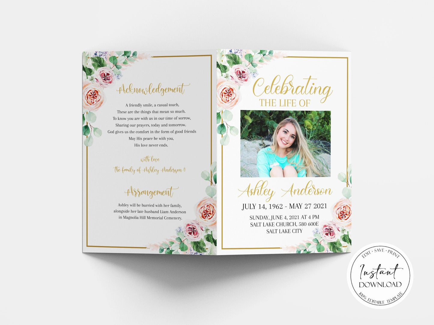 Celebration of life Funeral Program, Blush Pink Roses Greenery Funeral Program Template, Memorial Program, Obituary Program, Funeral Mass Program F1