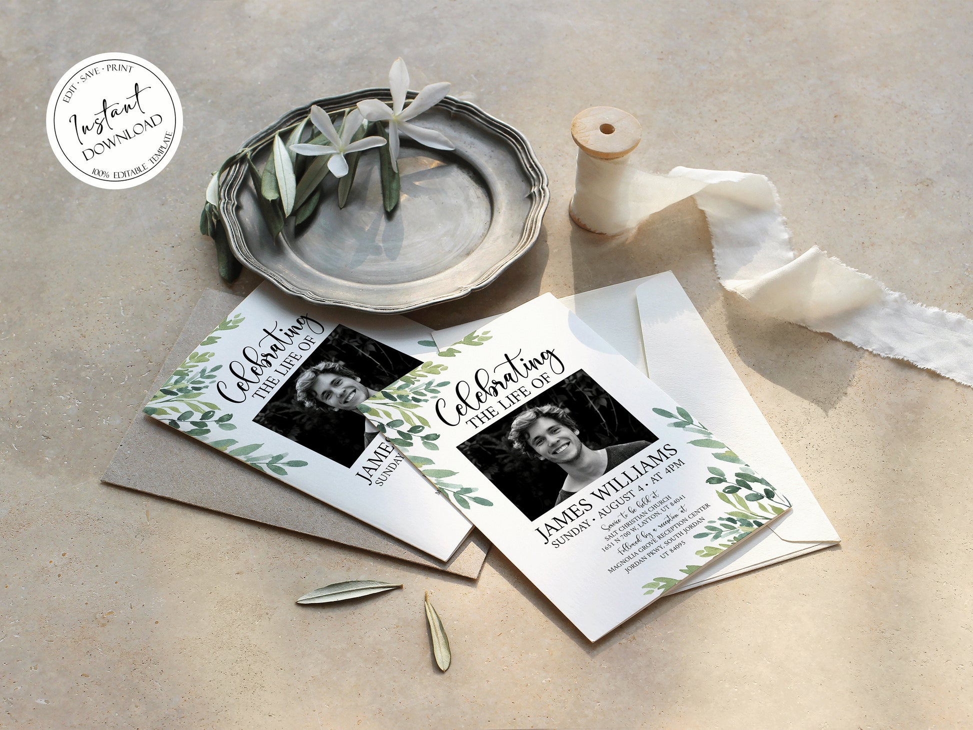 Celebration of life Watercolor Greenery Funeral Invitation Template, Funeral Announcement, Funeral Cards Template, Printable Greenery Memorial Invitation G2