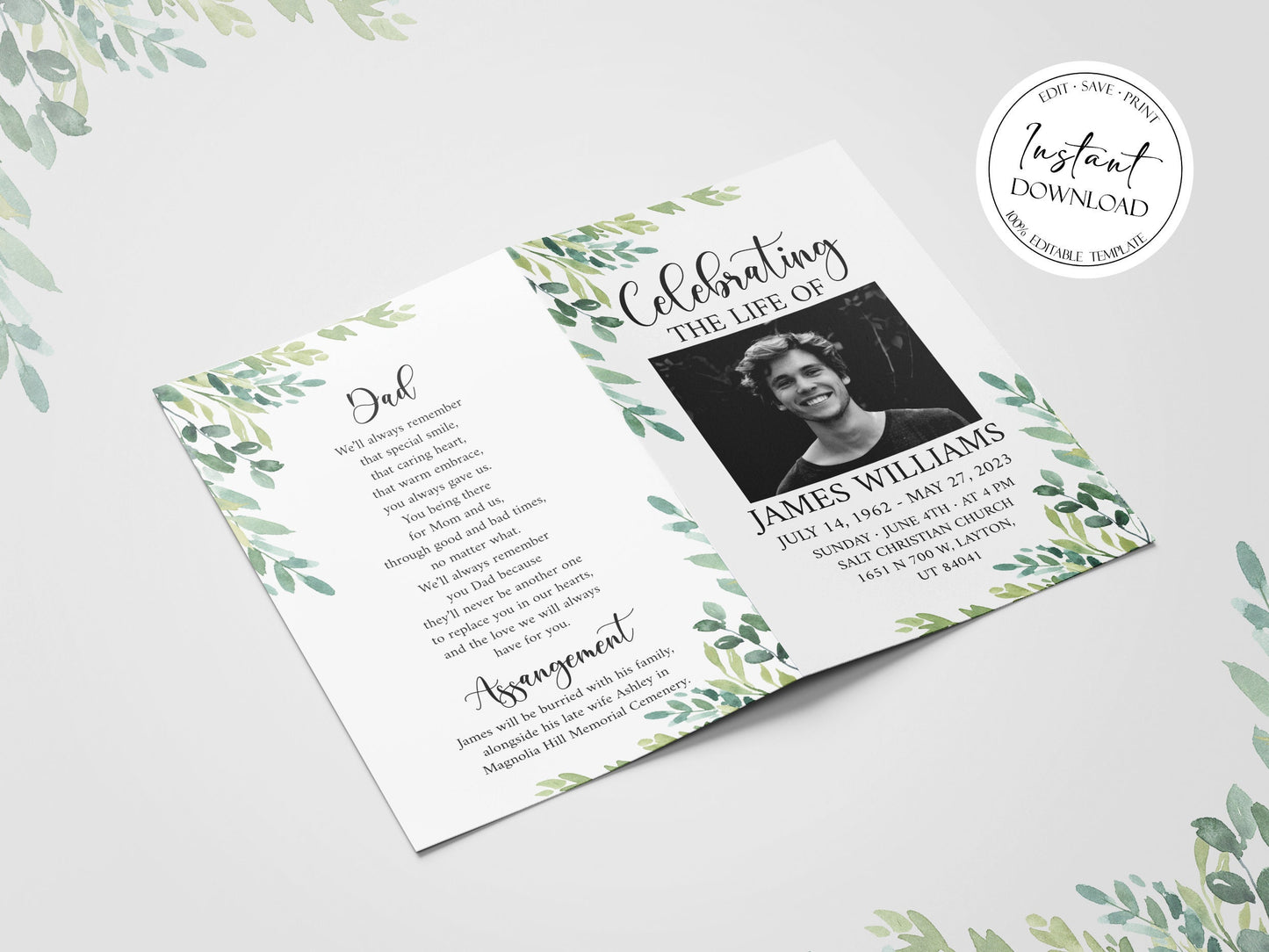 Celebration of life Watercolor Greenery Funeral Program Template, Greenery Funeral Brochure, Editable Green Funeral Program Greenery Memorial Program Obituary Program G2