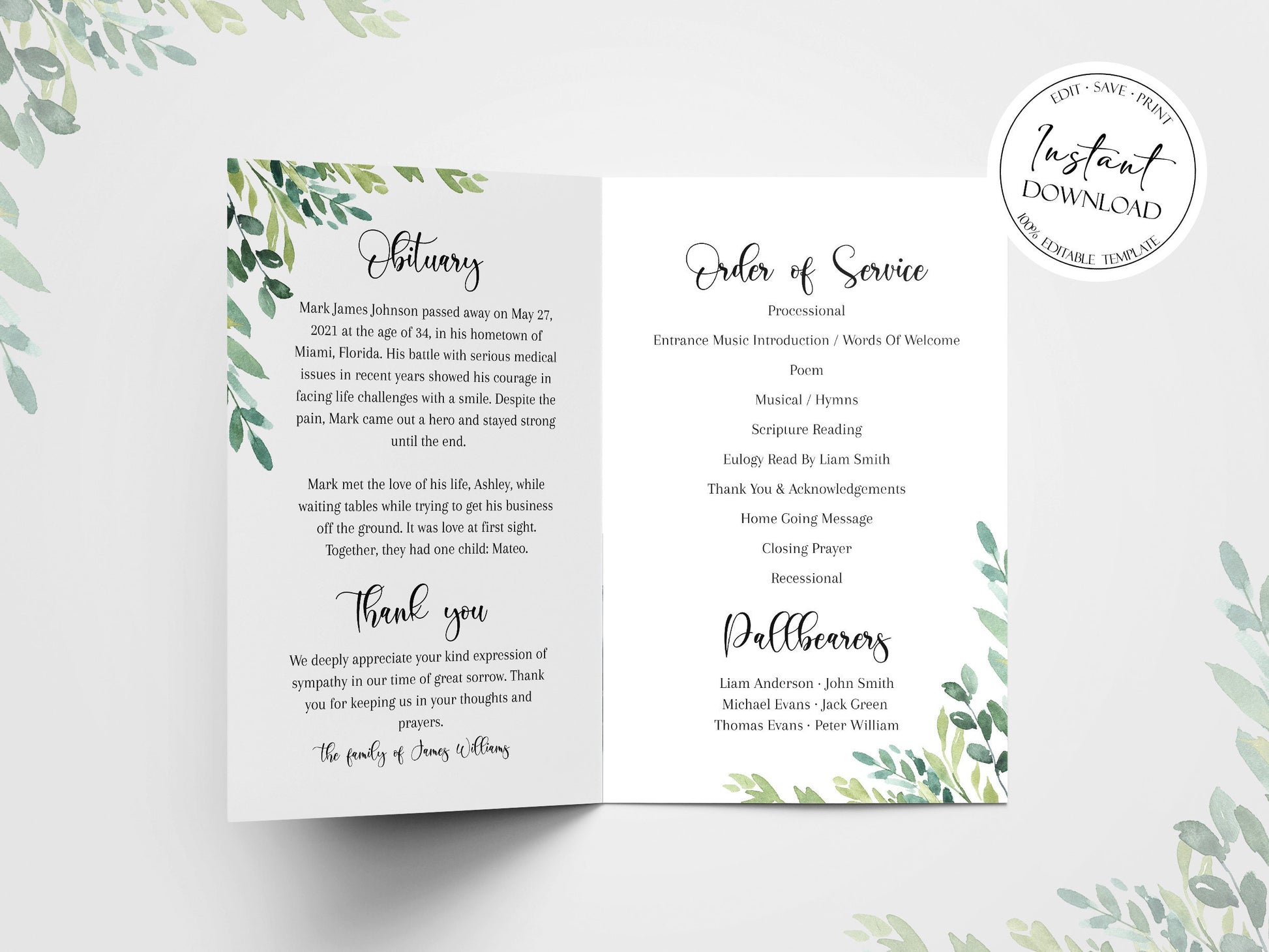 Celebration of life Watercolor Greenery Funeral Program Template, Greenery Funeral Brochure, Editable Green Funeral Program Greenery Memorial Program Obituary Program G2