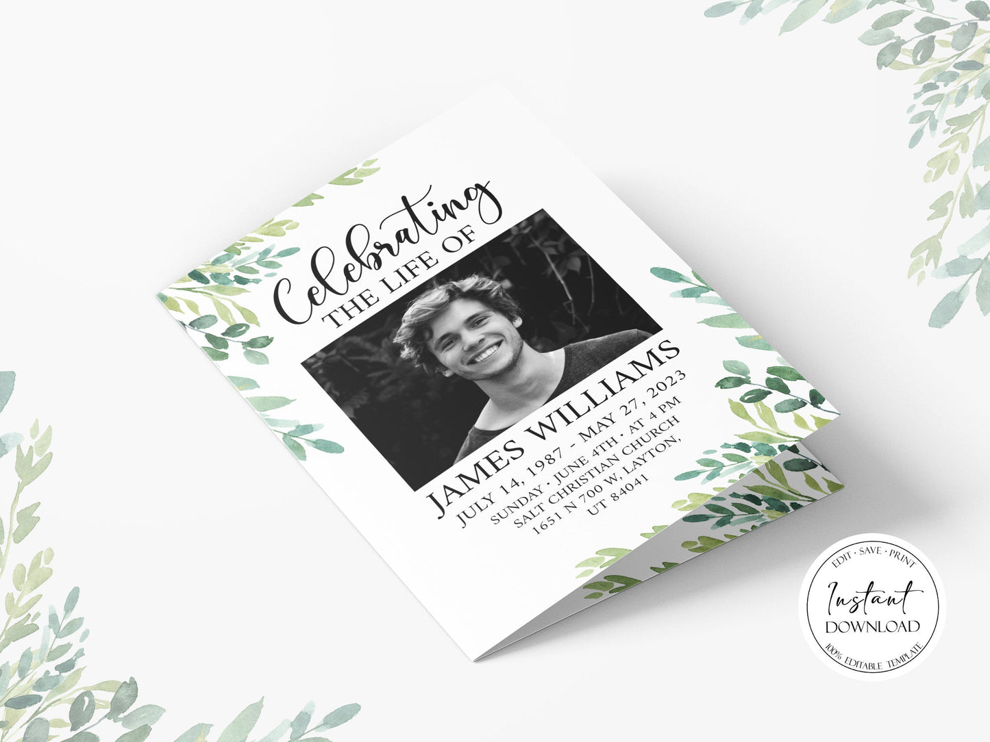 Celebration of life Watercolor Greenery Funeral Program Template, Greenery Funeral Brochure, Editable Green Funeral Program Greenery Memorial Program Obituary Program G2