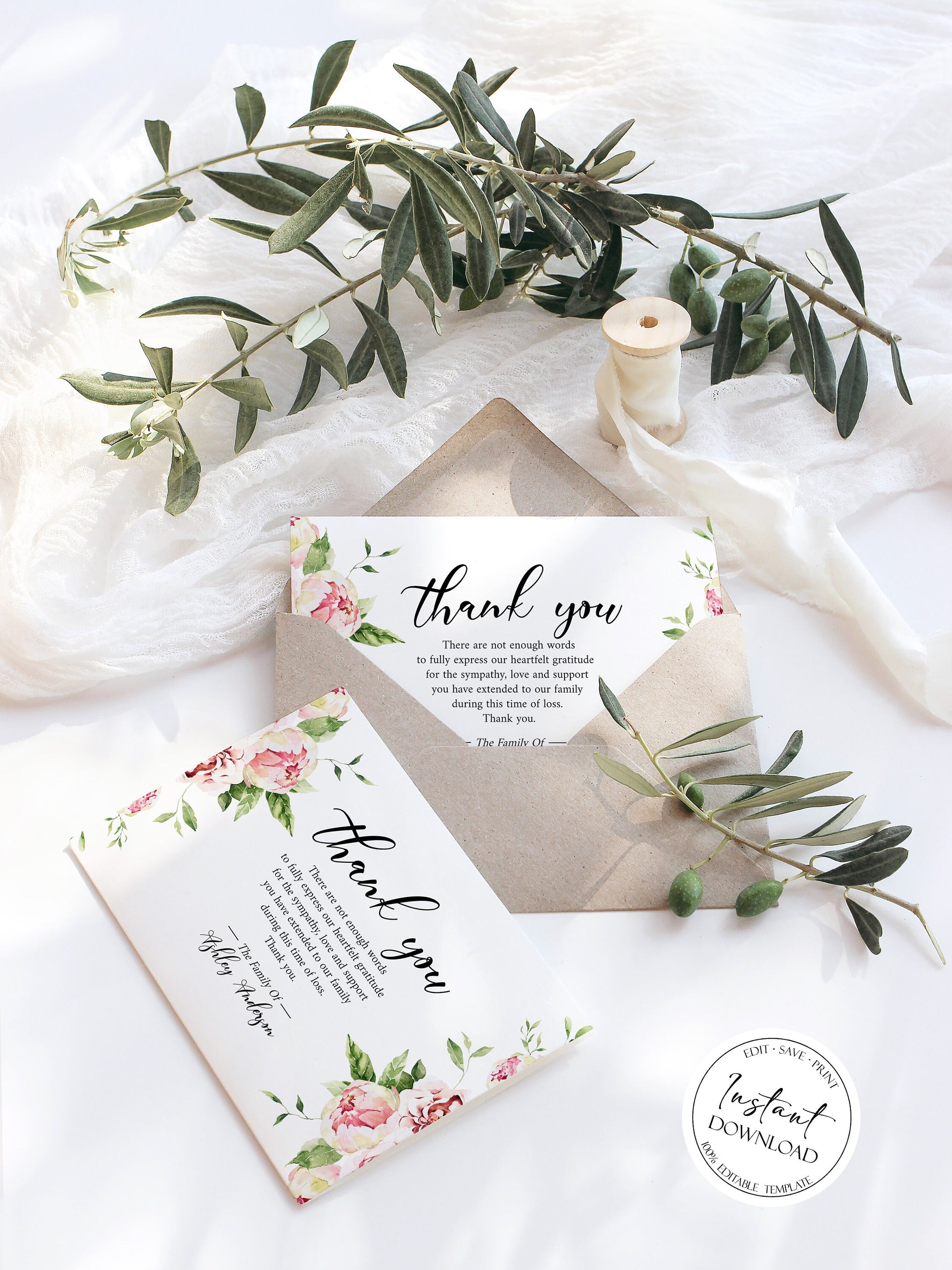 Celebration of life Blush Pink Peony Greenery Funeral Thank You Card Template  Memorial Card, Printable Thank You Card Template, Editable Sympathy Card P5