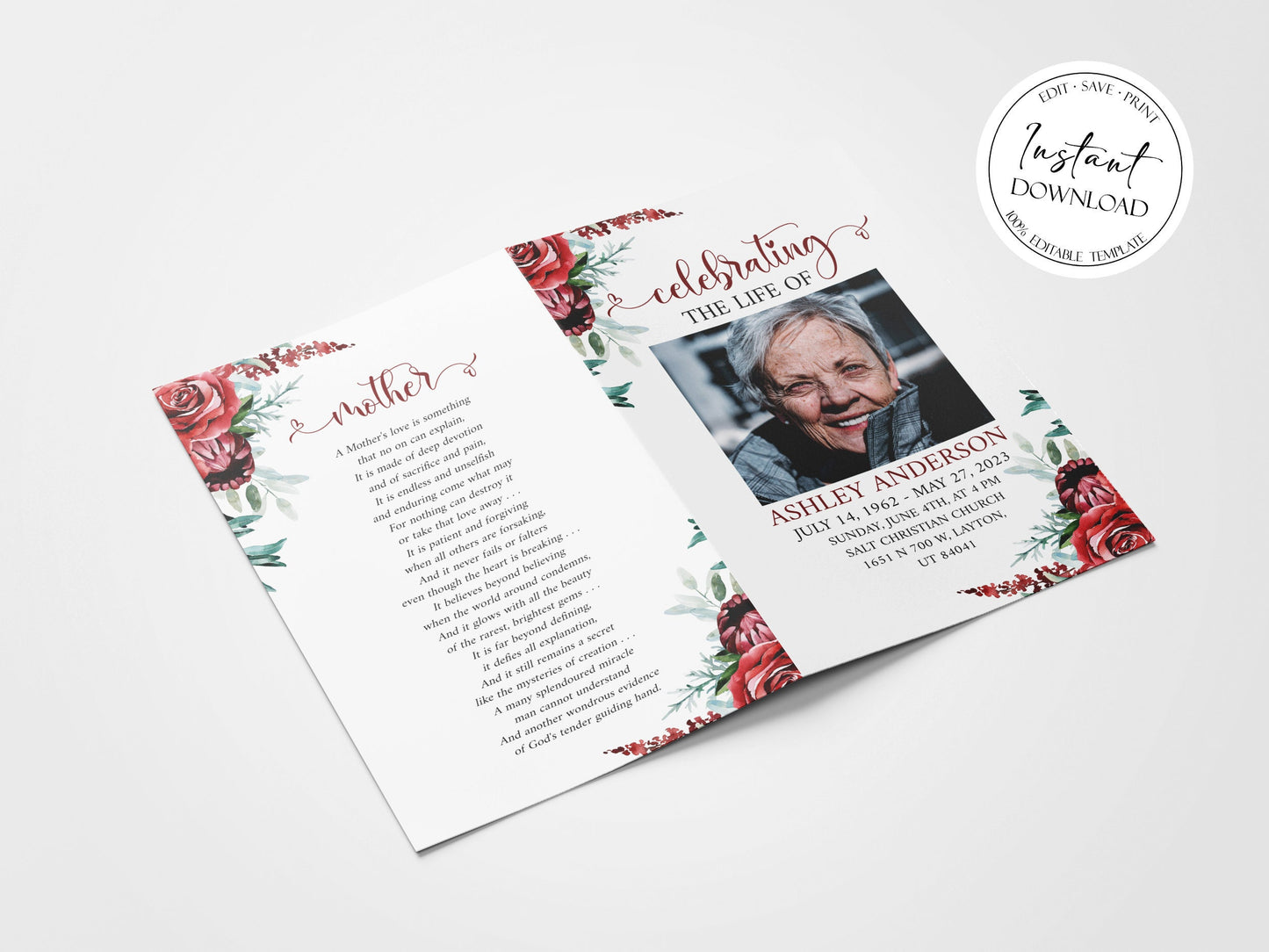 Celebration of Life Funeral Program Template, Red Funeral Brochure, Red Roses Memorial Program, Obituary Program Funeral Program Template R2