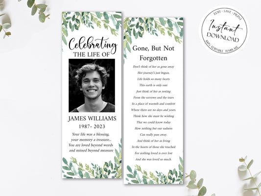 Celebration of life Watercolor Greenery Funeral Bookmark Template, Celebration of Life Bookmark, Funeral Keepsake Cards, Greenery Memorial Bookmark, Obituary Bookmark G2