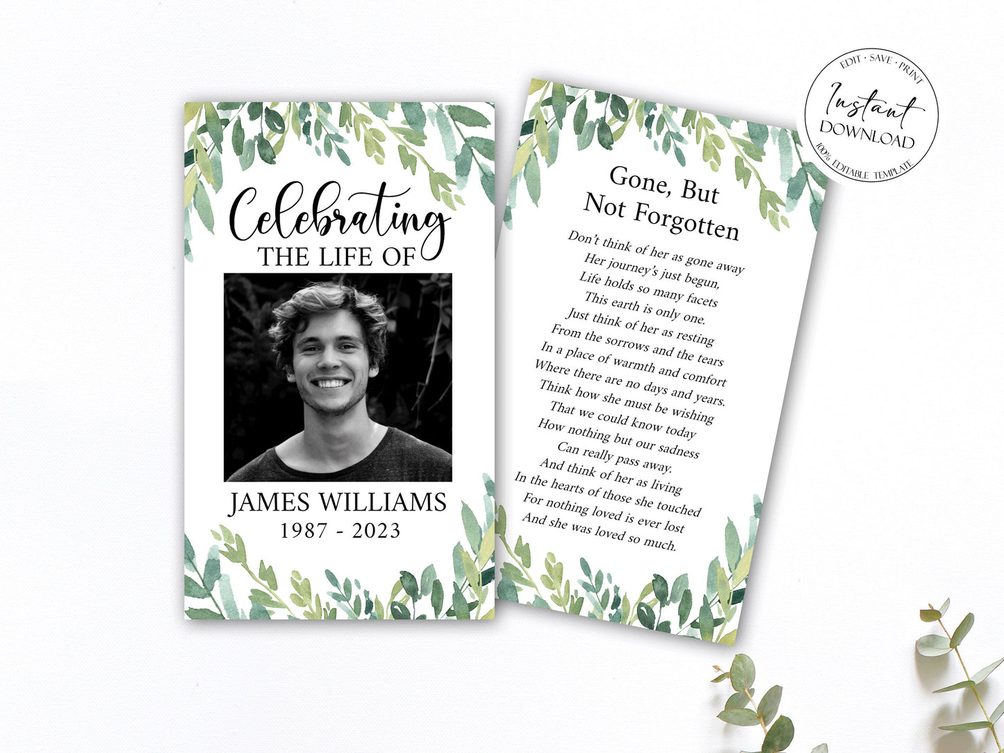 Celebration Of Life Watercolor Greenery Funeral Prayer Card Template, Printable Greenery Memorial Prayer Card Template, Greenery Funeral Prayer Card Green Catholic Prayer Cards G2