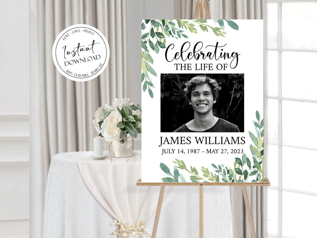 Celebration Of Life Greenery Funeral Welcome Sign Template, Greenery Funeral Poster, Printable Obituary Sign, Greenery Memorial Sign G2