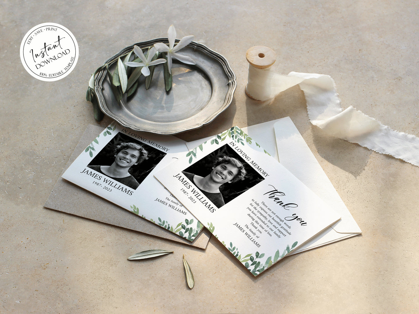 Celebration of life Watercolor Greenery Funeral Photo Thank You Card Template Printable Memorial Thank You Card Green Sympathy Card G2