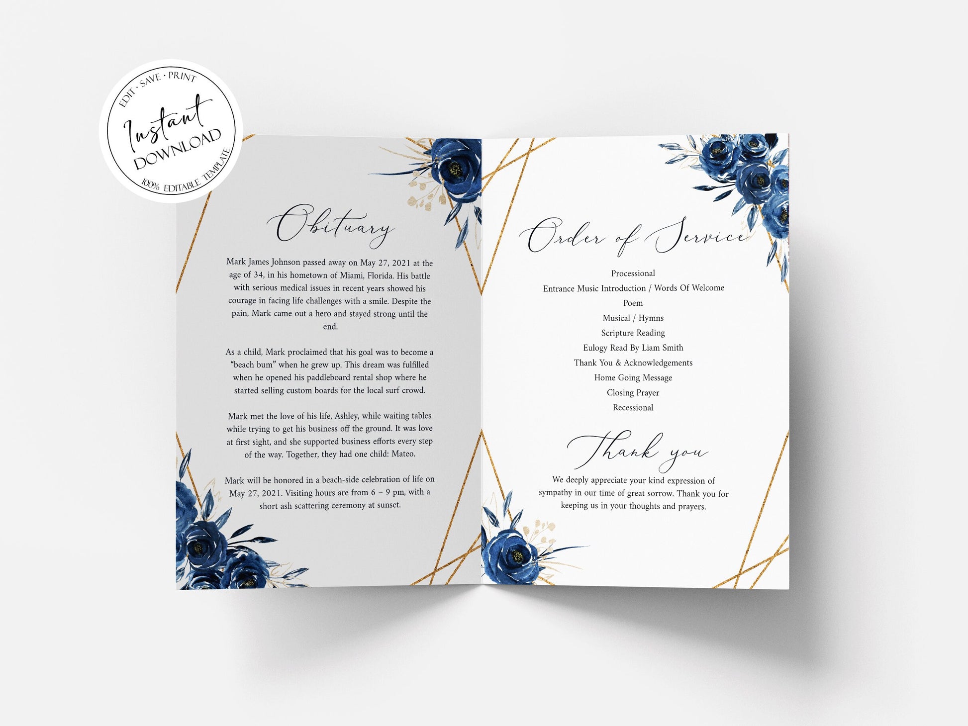 Celebration Of Life Royal Blue Flowers Gold Funeral Program Template, Blue Funeral Brochure, Blue Memorial Program, Obituary Program, Funeral program template for man B2