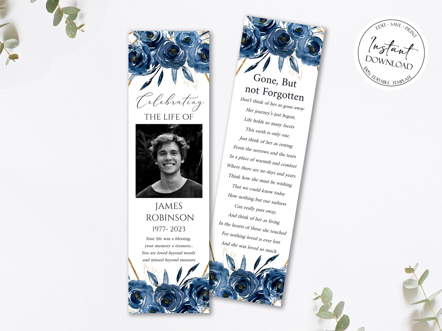 Celebration of life Royal Blue Flowers Gold Funeral Bookmark Template, Celebration of Life Bookmark, Funeral Keepsake Cards, Blue Memorial Bookmark Blue Obituary Bookmark B2