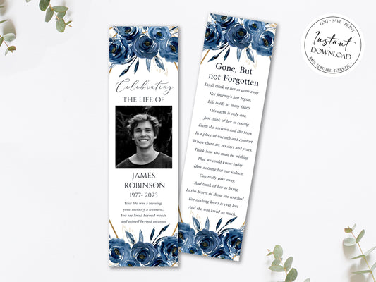 Celebration of life Royal Blue Flowers Gold Funeral Bookmark Template, Celebration of Life Bookmark, Funeral Keepsake Cards, Blue Memorial Bookmark Blue Obituary Bookmark B2