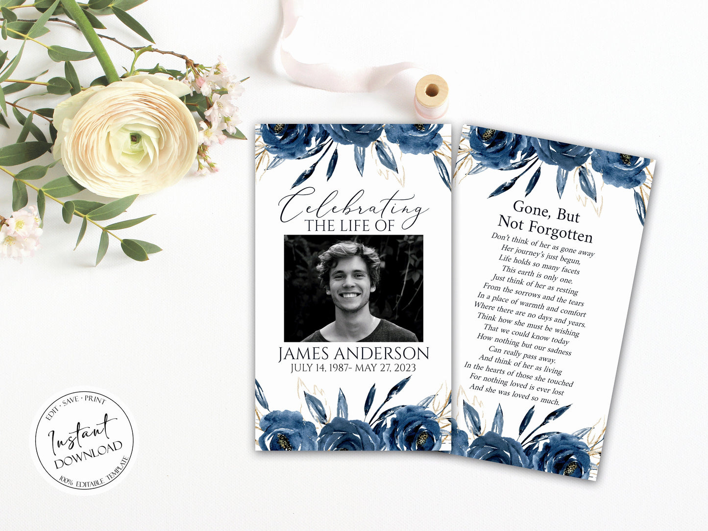 Celebration of life Royal Blue Flowers Gold Funeral Prayer Card Template, Printable Royal Blue Memorial Prayer Card Template, Blue Floral Prayer Cards, Blue Catholic Prayer Card B2