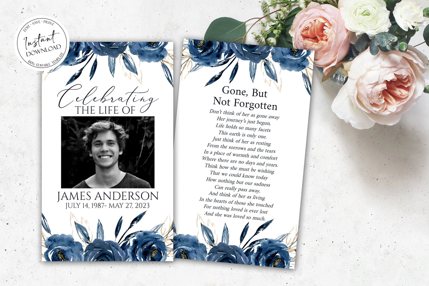 Celebration of life Royal Blue Flowers Gold Funeral Prayer Card Template, Printable Royal Blue Memorial Prayer Card Template, Blue Floral Prayer Cards, Blue Catholic Prayer Card B2