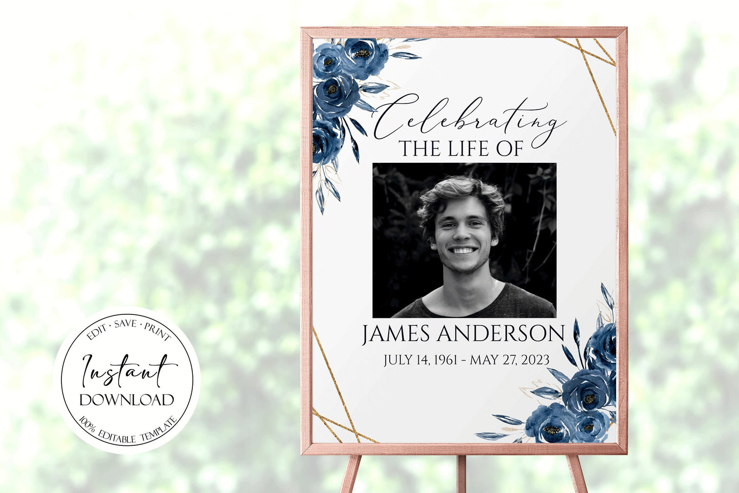 Celebration Of Life Royal Blue Flowers Gold Funeral Welcome Sign Template, In Loving Memory Sign, Royal Blue Floral Memorial Sign, Funeral Welcome Sign B2