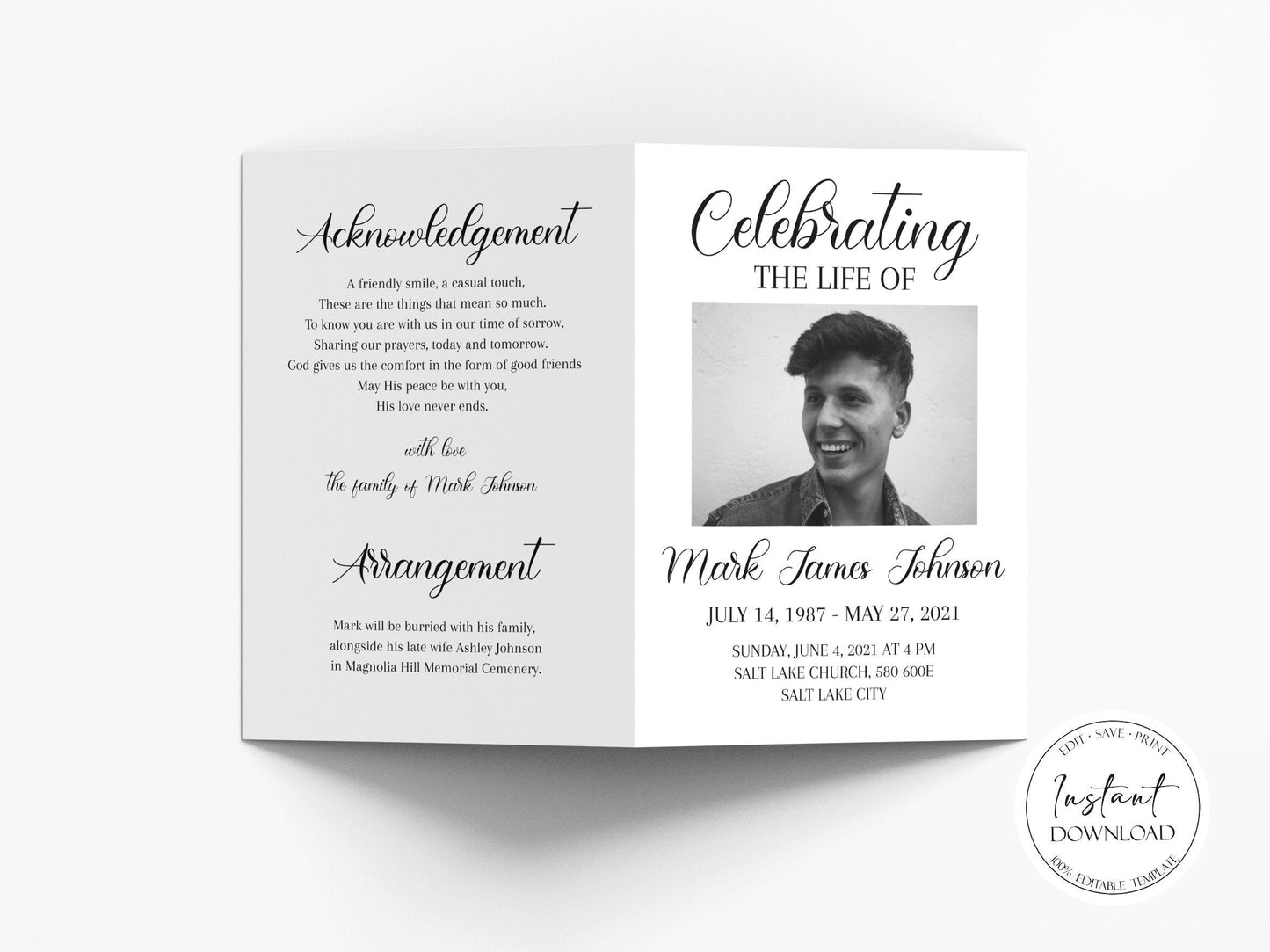 Celebration of Life Funeral Program Template, Funeral Brochure, Simple Memorial Program, Obituary Program, Editable Funeral Program Template S3