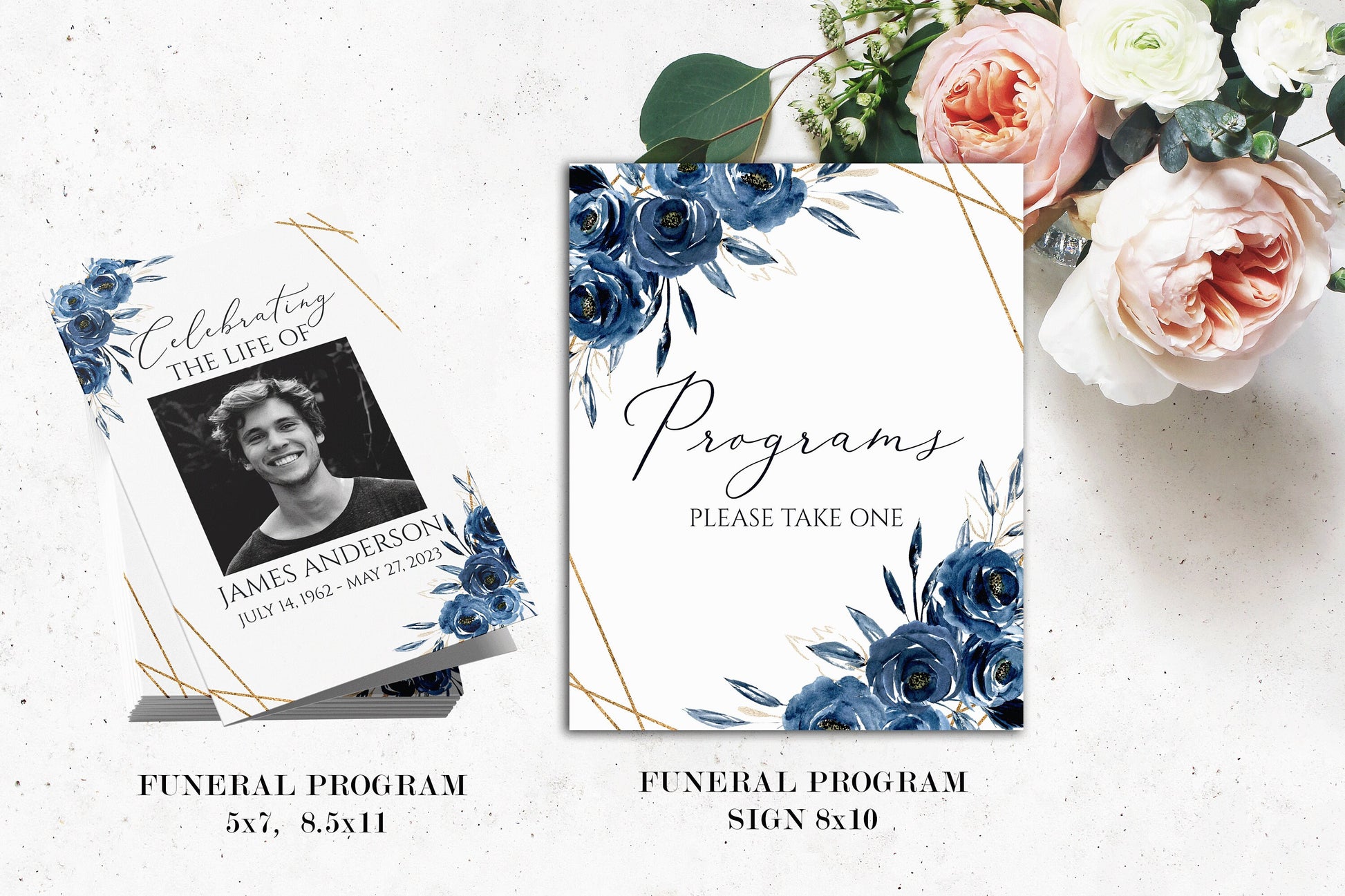 Editable Celebration Of Life Royal Blue Flowers Gold Funeral Bundle Set, Memorial Package, Celebration of Life Package, In Loving Memory Suite, Royal Blue Floral Funeral Bundle B2