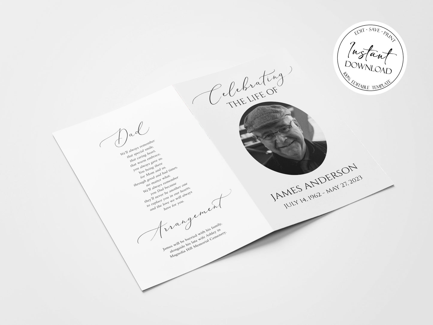 Celebration of Life Funeral Program Template, Funeral Brochure, Simple Elegant Memorial Program, Obituary Program, Editable Funeral Program Template S1