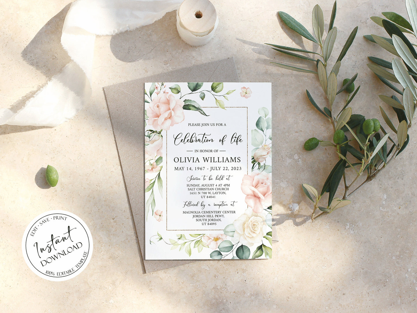 Celebration of life Invitation, Blush Pink Roses Funeral Invitation, Funeral Announcement Funeral Card Template Printable Memorial Invite P4